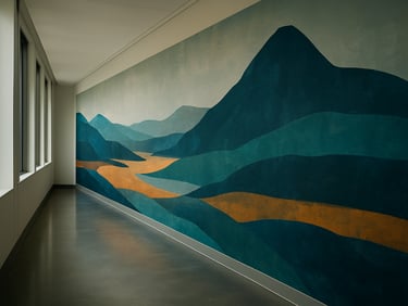 Wide environmental photograph of a large-scale wall mural installed in an interior corridor, sharp edge detail at the trim line, cool daylight from side windows