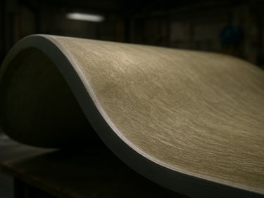 Close-up of a curved FRP sculpture surface in a fabrication studio, cool overhead light revealing the layered composite texture and painted finish edge