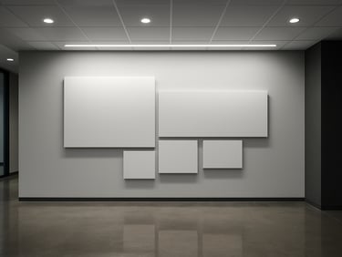 Wide-angle view of a branded corporate lobby installation with precision-cut signage panels, cool white overhead lighting, polished concrete floor