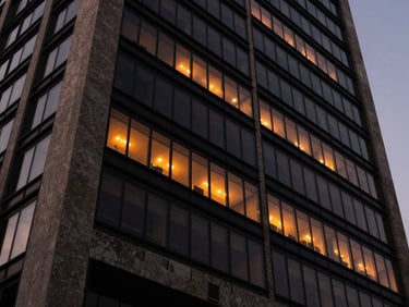 Dramatic architectural close-up of a modern concrete and glass skyscraper in Monterrey at twilight, sharp angles, low-key lighting with warm orange office windows reflecting against dark metallic surfaces, 35mm