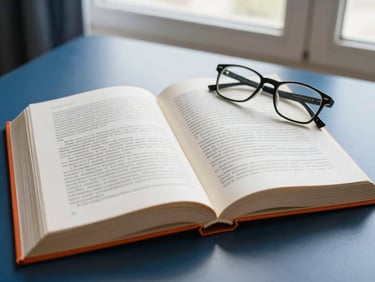 Open Spanish Penal Code book on a desk with a pair of glasses, soft window lighting, structured and authoritative