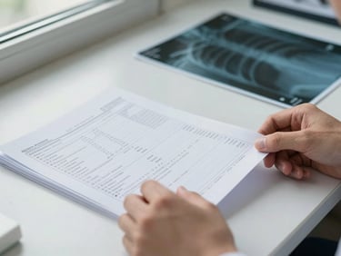 Close-up of hands sorting through printed medical test results and X-ray documents on a light clinical desk, natural window light, precise document edges sharp in frame