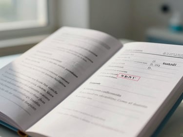 Macro close-up of a dog vaccination booklet open to a stamped page, natural daylight from a clinic window, precise printed text visible, clinical warm studio lighting