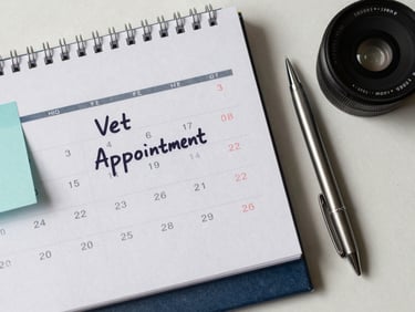 Overhead flat-lay of a desk calendar with handwritten vet appointment notes, a pen resting beside it, natural daylight, minimal clinical surface, teal-accented sticky note visible