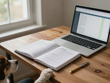 Medium environmental shot of a tidy home-office corner, an open notebook with medical notes beside a laptop showing a structured health timeline interface, natural daylight through a window at the left, a dog's paw resting at the table edge in the lower corner, calm and precise atmosphere