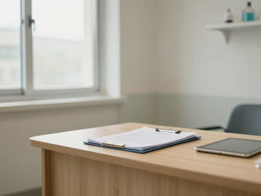 Medium environmental shot of a veterinary consultation room with a light wood desk, medical folders and a tablet visible, natural daylight from a wide window to the left, no people, clean minimal clinical warmth