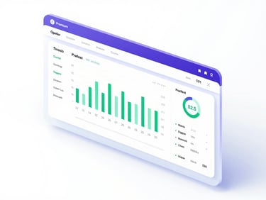 premium 3d render, crisp high-key studio light, modern enterprise dashboard UI showing a diagnostic report, subtle glassmorphism, clean isometric perspective, green and purple accents