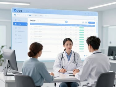 Clean, modern medical office environment with a doctor consulting a patient, subtly overlaid with an Odoo ERP interface showing patient records and appointment scheduling, crisp high-key studio light, subtle glassmorphism