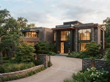 Architectural perspective of a secure, modern brick and steel estate, warm natural low-contrast daylight, soft shadows, medium format film style