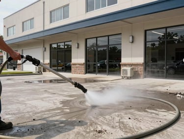 Wide environmental shot of a commercial building facade and forecourt, pressure cleaning equipment hose visible at the frame edge, concrete forecourt half cleaned in natural daylight
