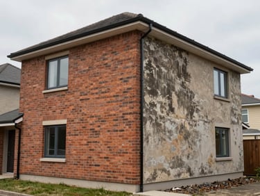 Wide shot of a brick and render house exterior, one wall section visibly cleaned back to original colour while adjacent panels show weathered grime, overcast daylight