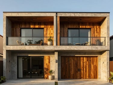 Symmetrical modern duplex exterior in Cebu, high-end concrete and wood finishes, golden-hour light