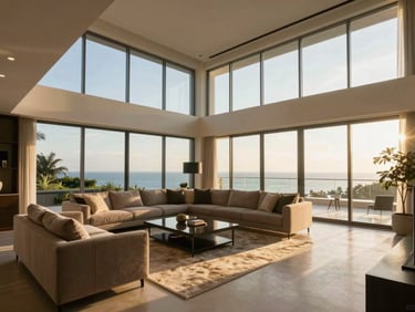 Crisp morning light inside a spacious luxury penthouse living room in Cebu, high ceilings, floor-to-ceiling glass windows, minimalist design.