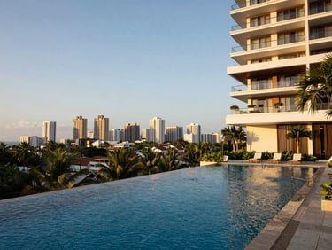 Sun-drenched modern architectural shot of a luxury condo infinity pool overlooking the Cebu skyline, lush tropical landscaping, 35mm.