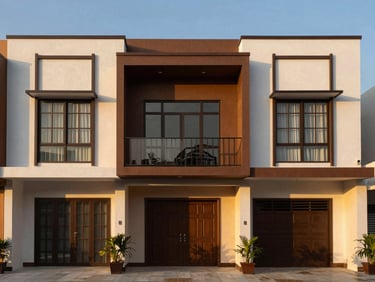 Contemporary townhouse facade in Cebu City, clean architectural lines, warm evening lighting
