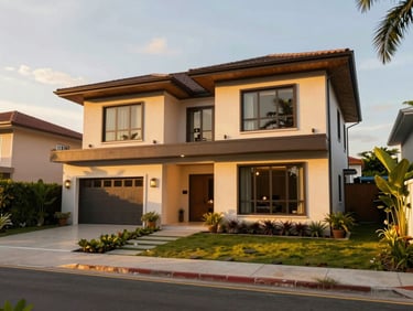 Exterior of a premium modern single-detached house in Cebu, lush landscaping, warm sunset glow, 35mm photography
