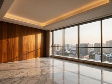 Modern high-end condominium interior with panoramic city views, warm golden-hour light illuminating clean marble floors and teak finishes.