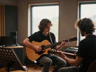Video still of an intimate acoustic studio session, warm natural light streaming through large windows, soulful atmosphere