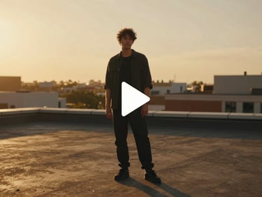 Cinematic video still of an artist performing on a sunlit rooftop at golden hour, warm amber tones, video player play button overlay