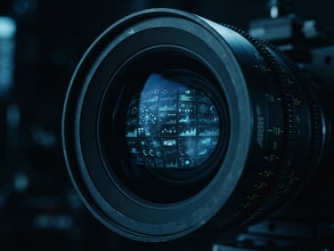 Extreme close-up of a professional cinema camera lens reflecting a digital analytics dashboard, low-key dramatic lighting, cool blue tones, anamorphic crop.