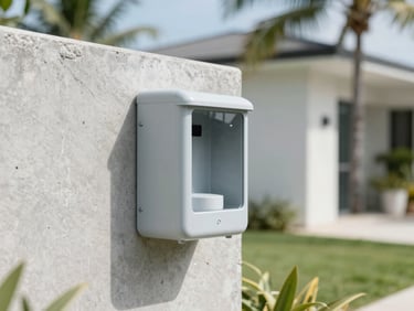 Close-up of a clean, discreet pest bait station placed neatly along a modern concrete residential wall, bright tropical daylight
