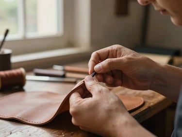 Tactile close-up of artisan hands stitching fine leather in a traditional workshop in Novo Hamburgo, soft side window light, warm tones.