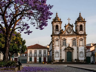 Caminho de tijolos antigos e janelas coloniais no Centro Histórico de Porto Alegre, luz suave da tarde filtrada pelas folhas de jacarandá, atmosfera nostálgica.