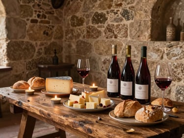 Mesa rústica de madeira em uma adega de pedra antiga, com garrafas de vinho tinto, taças cheias, queijos coloniais fatiados e pães artesanais sob luz quente de velas.