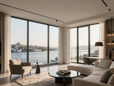 Bright luxury apartment interior in Istanbul with large windows overlooking the Bosphorus, modern minimalist furniture, soft golden hour sunlight, professional architectural photography, 35mm