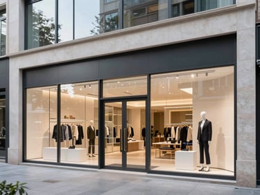 Modern commercial storefront in a prestigious Istanbul district, clean glass facade, daylight reflecting, professional architectural photography, 35mm