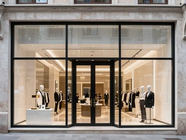 High-end commercial storefront facade in Nisantasi Istanbul, clean glass windows, elegant corporate design, daytime architectural photography, sharp focus