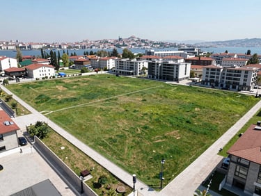 Aerial wide-angle shot of a green land plot in Arnavutkoy Istanbul, clear boundaries, sunny day, professional real estate photography