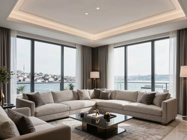 Bright modern luxury apartment living room in Istanbul with large windows overlooking the Bosphorus, high-end furniture, editorial architectural photography, 35mm