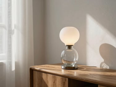 Close-up of a hand-blown glass table lamp on a raw oak sideboard, soft morning light filtering through linen curtains, casting long delicate shadows on a white plaster wall.