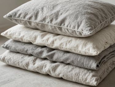 Soft organic linen throws and pillows in muted gray and off-white tones, stacked neatly.