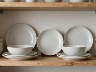 Artisanal ceramic plates and bowls arranged on an open kitchen shelf, clean lines, serene mood.