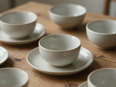 Close-up of hand-crafted ceramic tableware on a rustic wooden table, soft morning light, neutral tones.