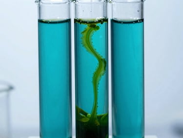 Sterile glass photobioreactor tubes filled with bubbling deep teal microalgae cultures, cool crisp laboratory lighting, 50mm