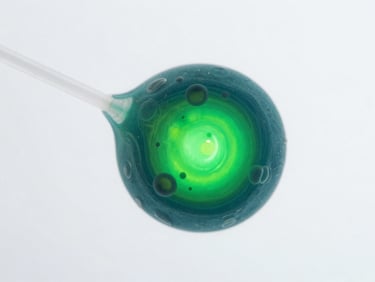 Macro microscopic view of single-cell microalgae strains glowing with emerald green bioluminescence against a sterile white background, 50mm