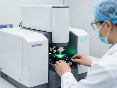 A cleanroom scientist in sterile gear operating an analytical mass spectrometer in a high-key white laboratory, cool green accents, 50mm