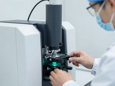 Crisp scientific photography of a researcher in cleanroom gear operating an analytical mass spectrometer in a sterile laboratory environment.