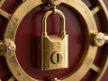 Macro close-up of a heavy brass vault locking mechanism with rich gold highlights cutting through deep wine-red shadows, architectural precision, high-end private bank atmosphere