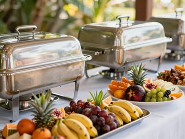 A beautifully styled catering spread with elegant chafing dishes, fresh tropical ingredients, and warm hospitality settings.