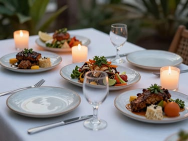 An elegant intimate dining table set with fine ceramic plates, glowing candles, and freshly served Caribbean dishes under soft evening light.