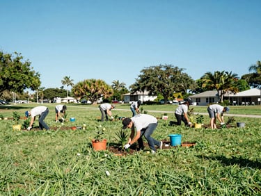 Volunteers planting a community garden in a bright South Florida park, vibrant green grass, clear blue sky, active movement, 35mm