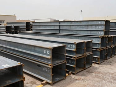Wide environmental shot of a Saudi industrial manufacturing facility yard, steel structural components stacked in organized rows with visible serial markings and batch tags, overcast daylight, ground-level framing showing scale of stock depth
