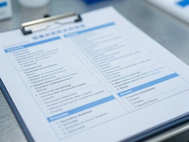Macro close-up of a printed clinical medical catalog on a sterile steel laboratory counter, bright high-key clinical light, cool blue undertones, sharp focus on technical text