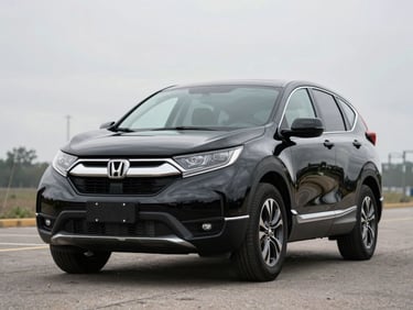 3/4 front angle of a black Honda CR-V on a clean lot under neutral overcast sky, no people, front grille and headlight assembly in sharp focus