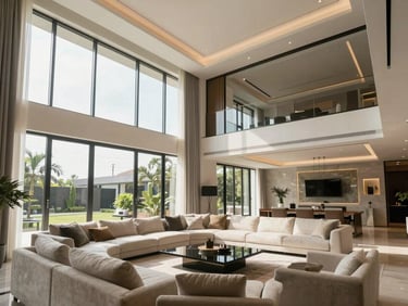 Wide-angle interior of a high-specification living room in an Accra luxury home, floor-to-ceiling windows, natural light, clean architectural finishes, no people or decorative staging