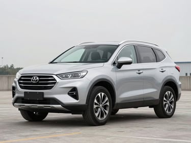 Clean 3/4-angle shot of a silver mid-size SUV on a flat concrete lot under overcast daylight, full trim visible, no people, neutral background